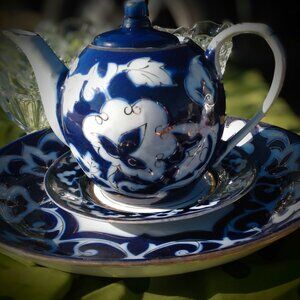 Hand-Painted Vintage Japanese tea kettle and serving dish